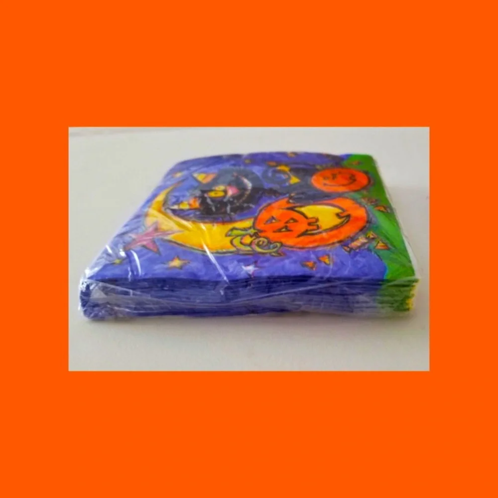 VTG 90s Halloween Black Cat Jack-o-Lantern Cocktail Party Napkins 24 Count NIP